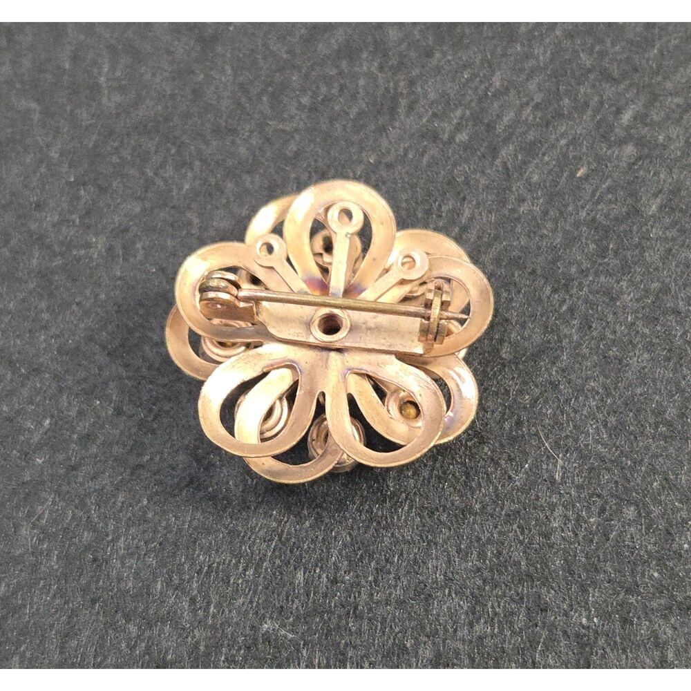 Vintage Multi Layer Copper Flower Rhinestone Brooch - Picture 6 of 8